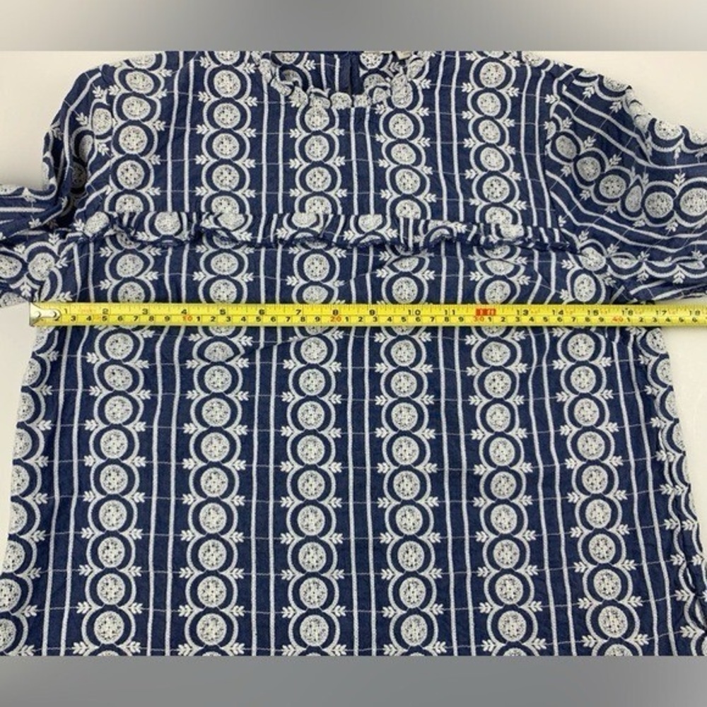 Boden Embroidered Eyelet Bib Blouse Ruffle Detail 3/4 Sleeve Blue & White Size 4 - Picture 4 of 10